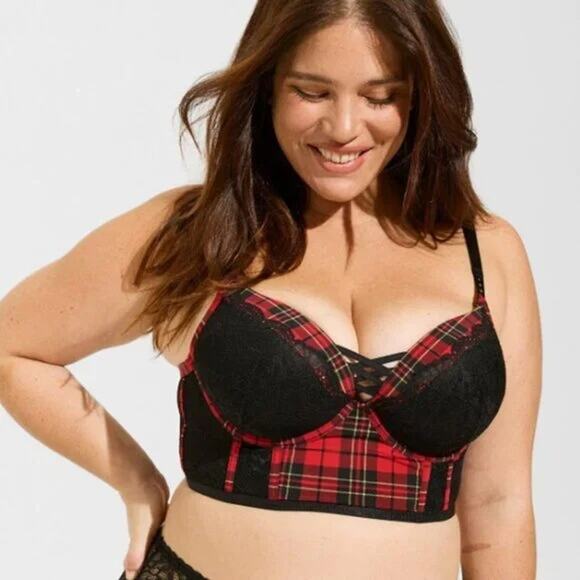 Torrid Bra Womens 44C Plunge Push Up Longline Noelle Plaid Jester Red NWT - Picture 1 of 13
